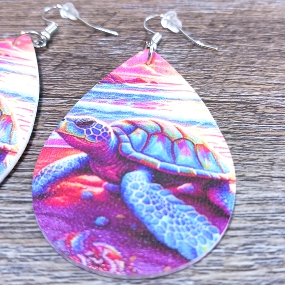 Turtle Earrings French Hook Teardrop Vinyl Double Sided Dangle Womens Pink - Picture 2 of 6